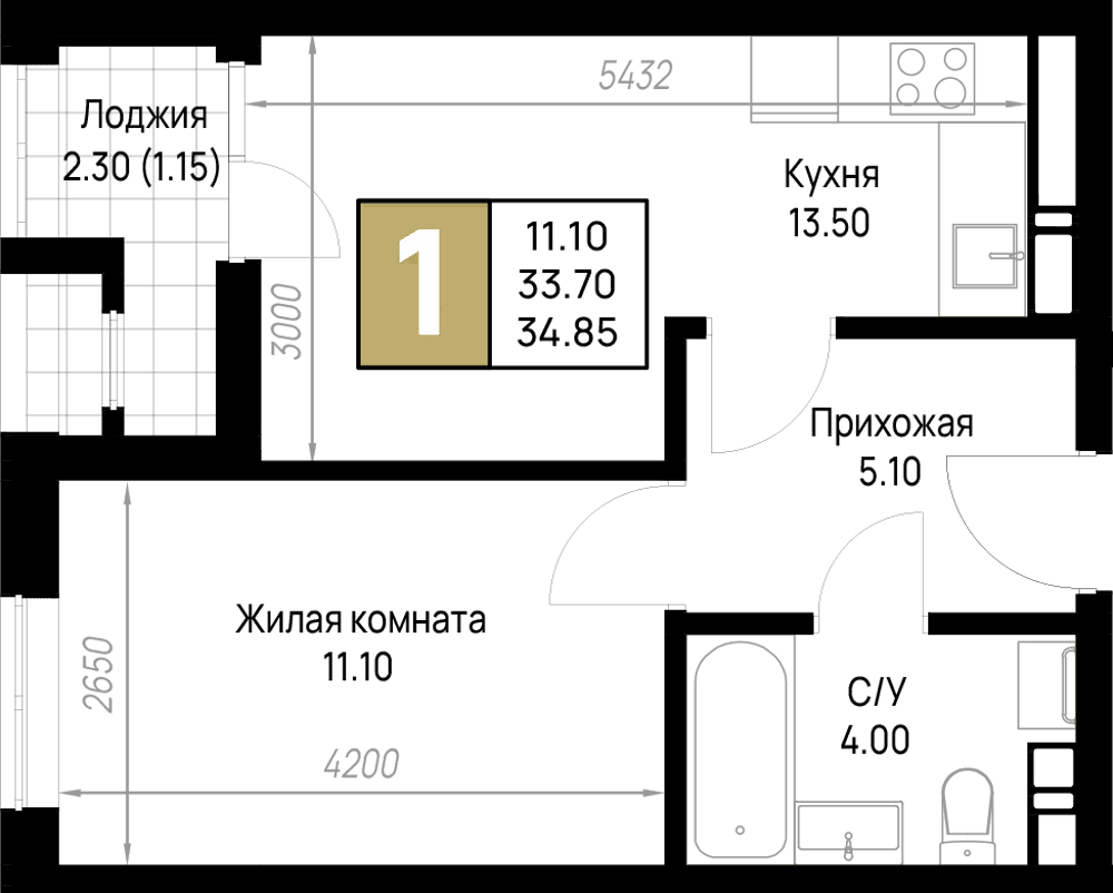 1-к, 34.85 м² · На Высоком берегу