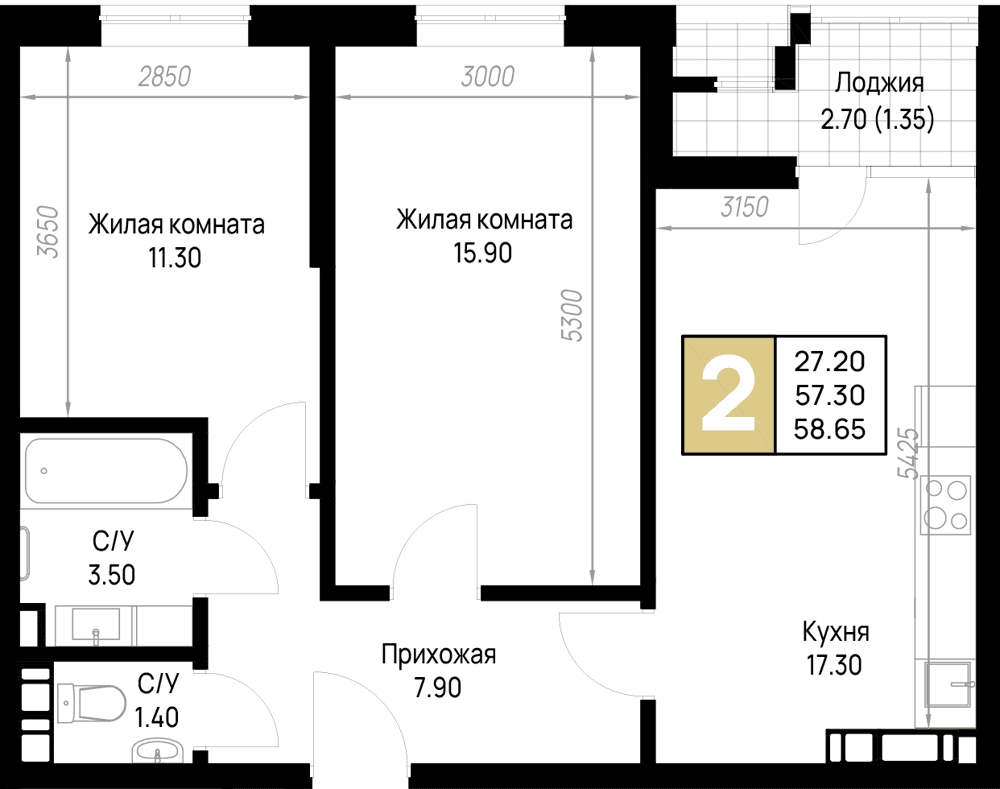2-к, 58.65 м² · На Высоком берегу