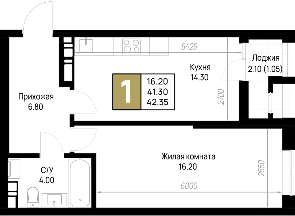 1-к, 42.35 м² · На Высоком берегу