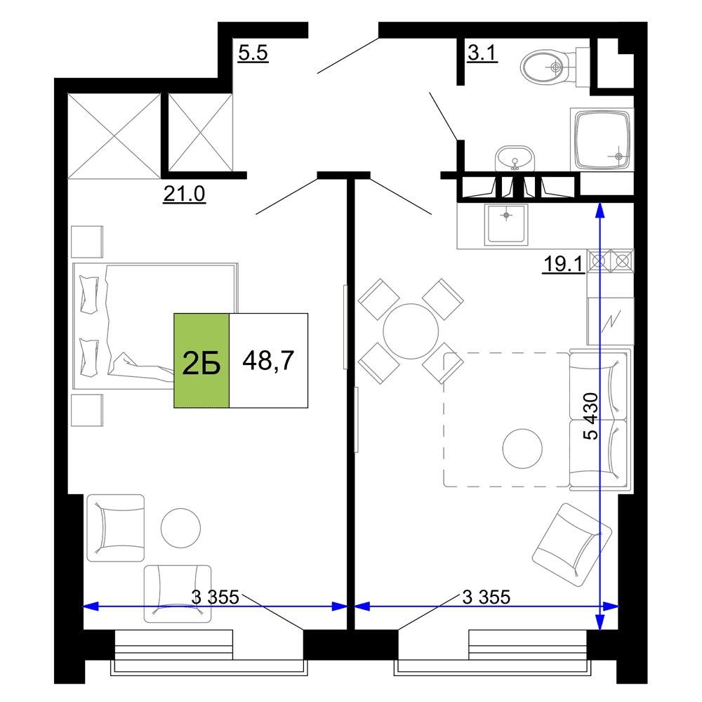 2-к, 48.7 м² · Мореград
