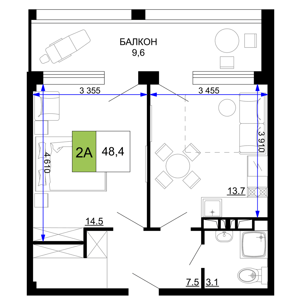 2-к, 48.4 м² · Мореград