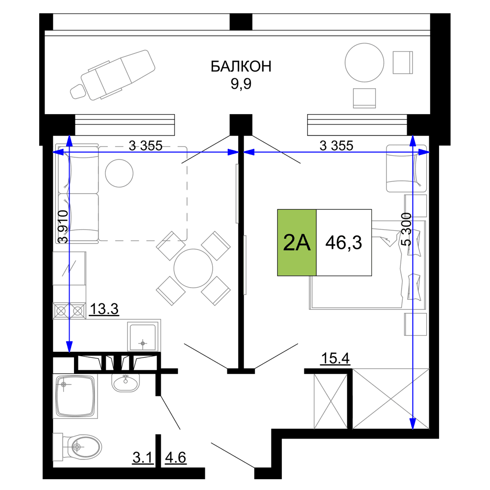 2-к, 46.3 м² · Мореград