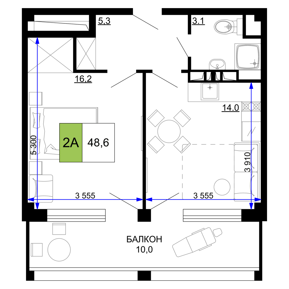 2-к, 48.6 м² · Мореград