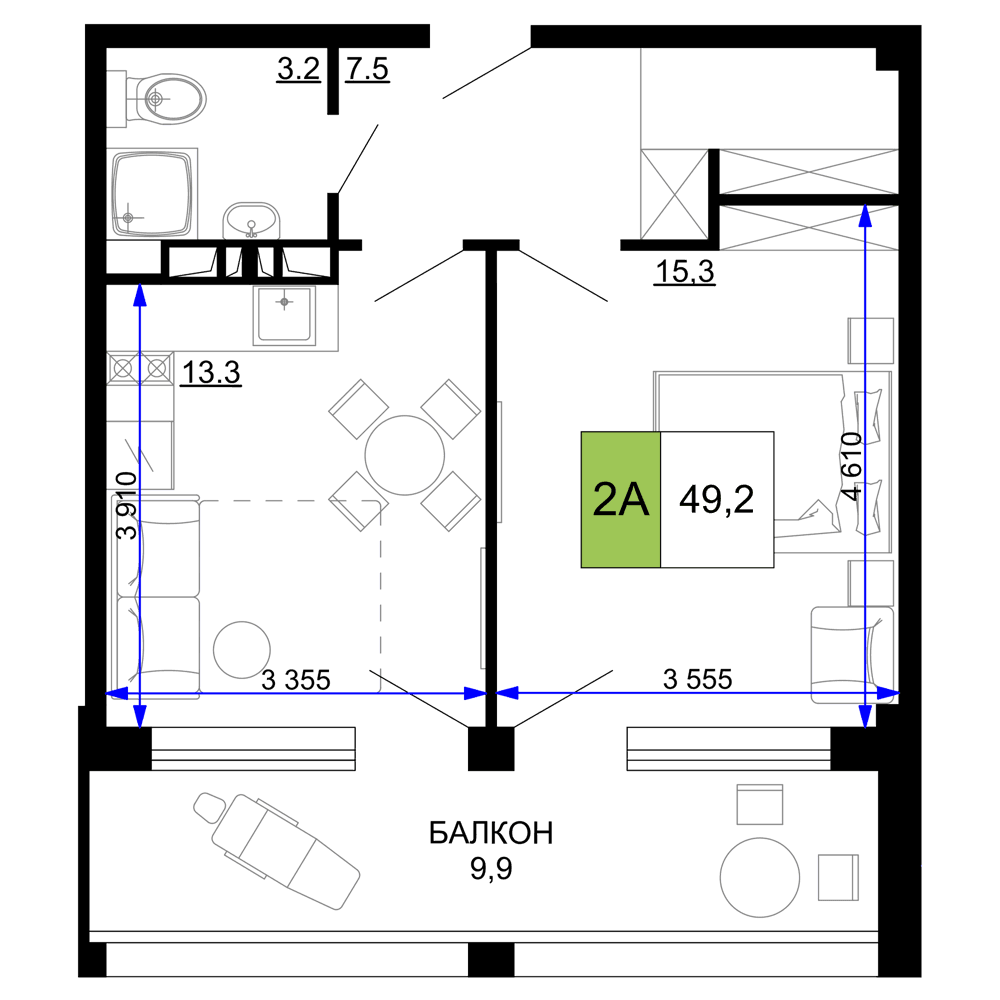 2-к, 49.2 м² · Мореград