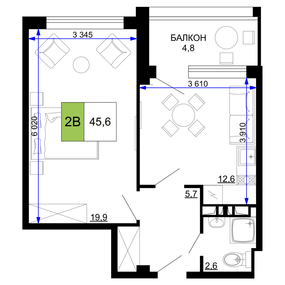 2-к, 45.6 м² · Мореград