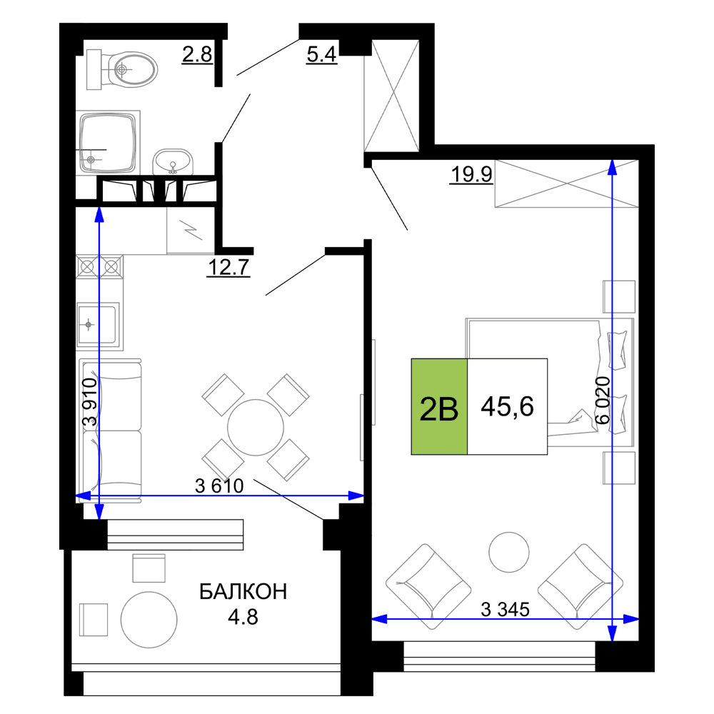 2-к, 45.6 м² · Мореград