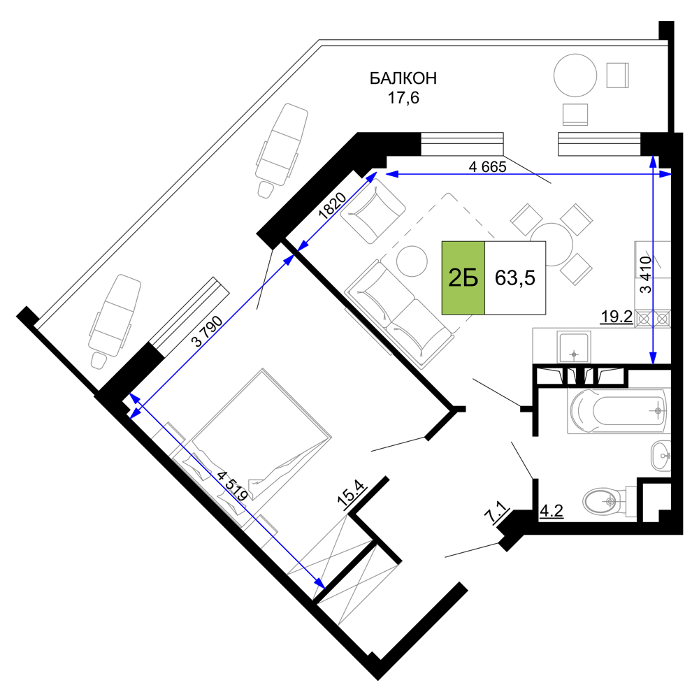 2-комн. апартаменты 63,5 м² в ЖК «Мореград», Анапа