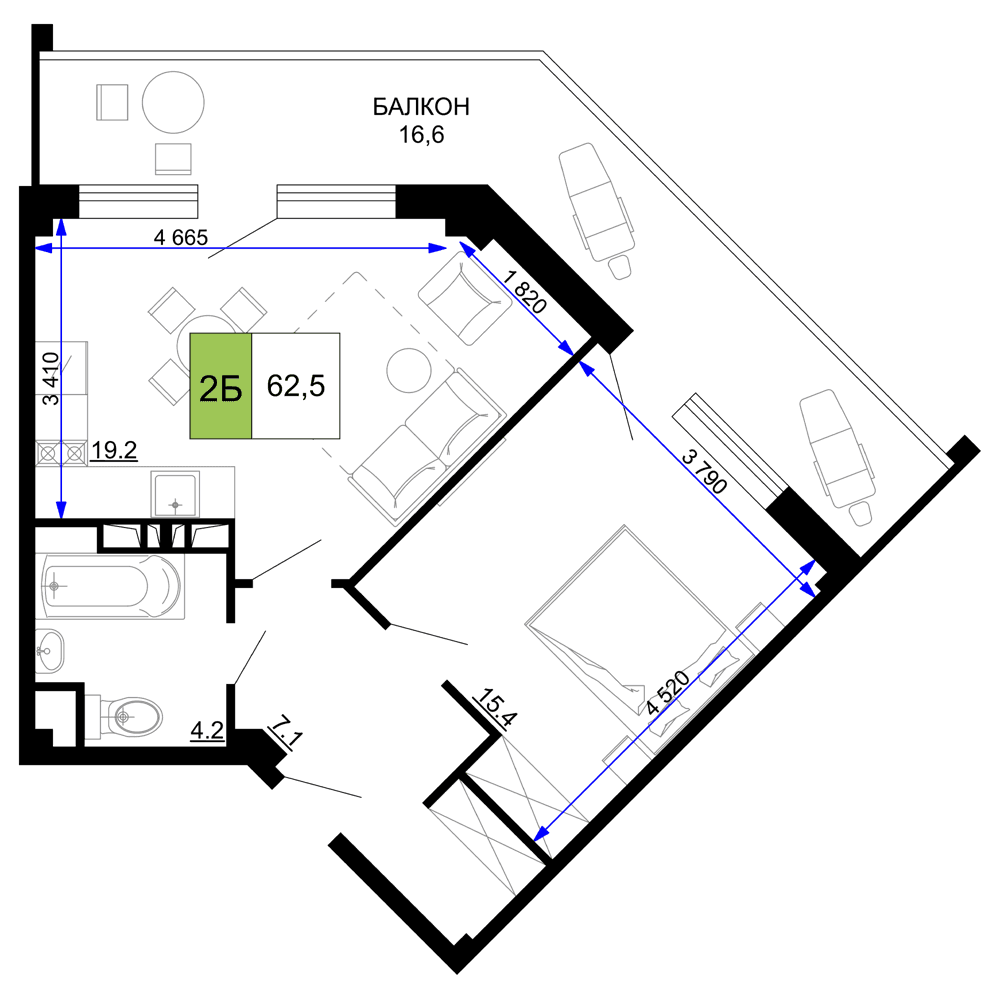 2-комн. апартаменты 63,5 м² в ЖК «Мореград», Анапа