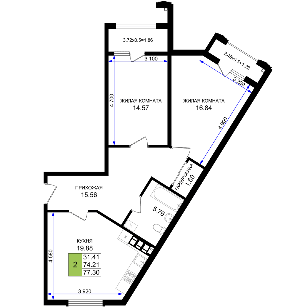 2-к, 77.3 м² · Резиденция морей