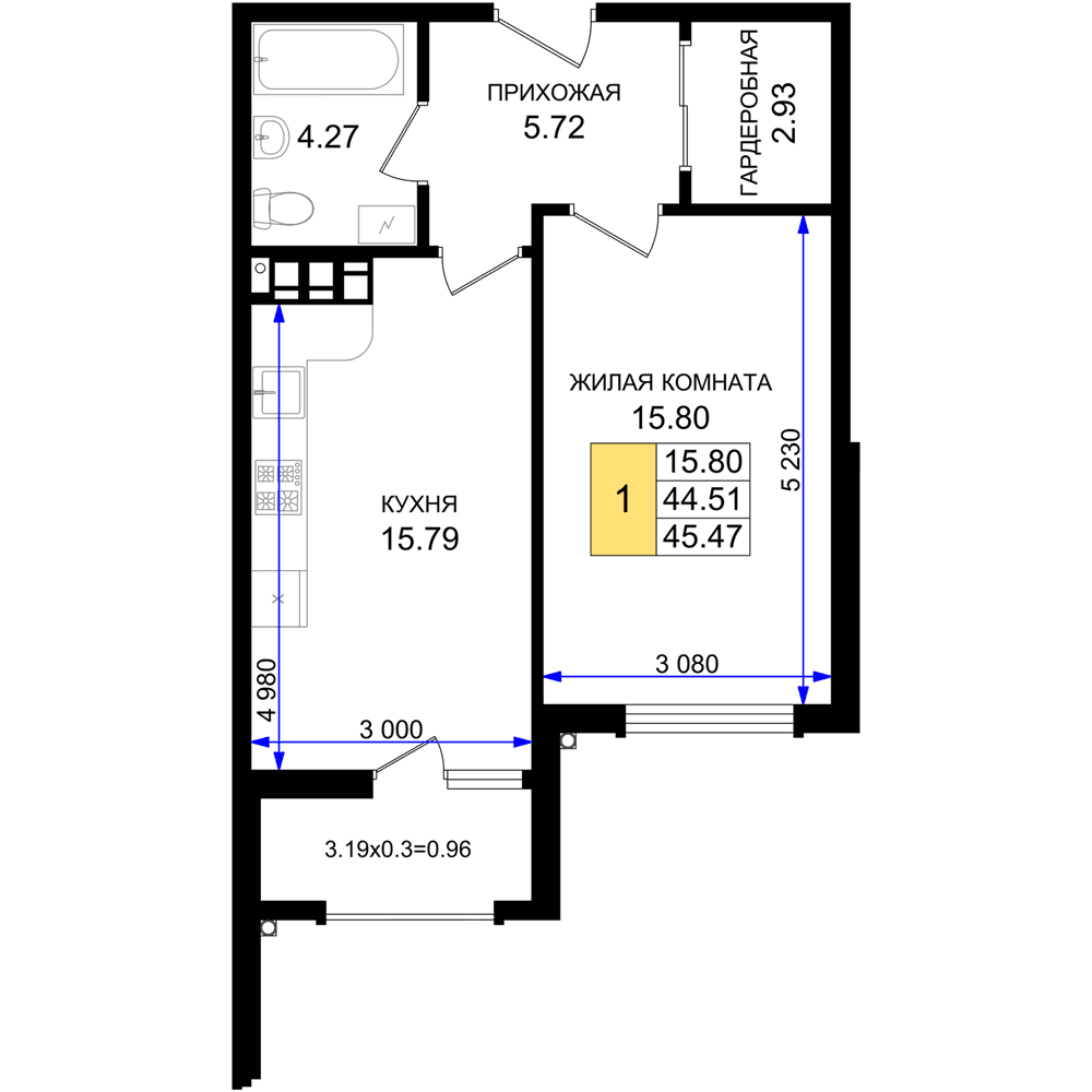 1-к, 45.47 м² · Резиденция морей