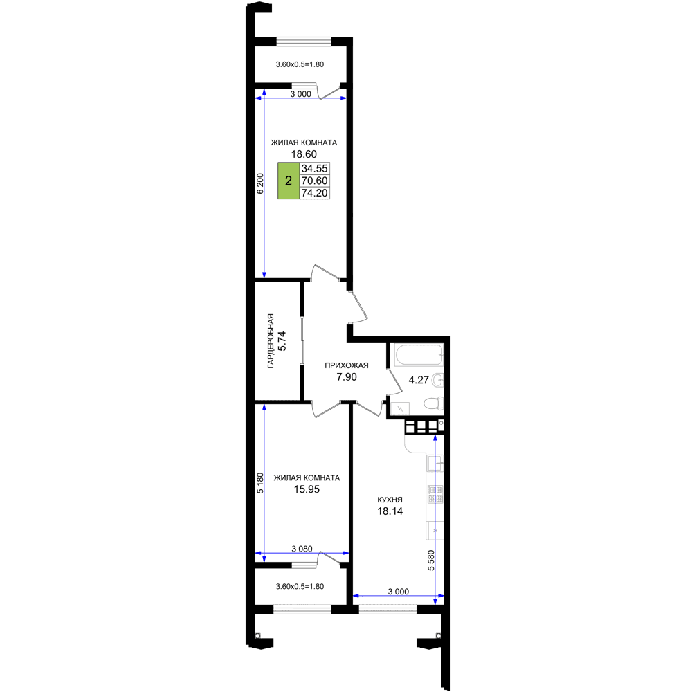 2-к, 74.2 м² · Резиденция морей