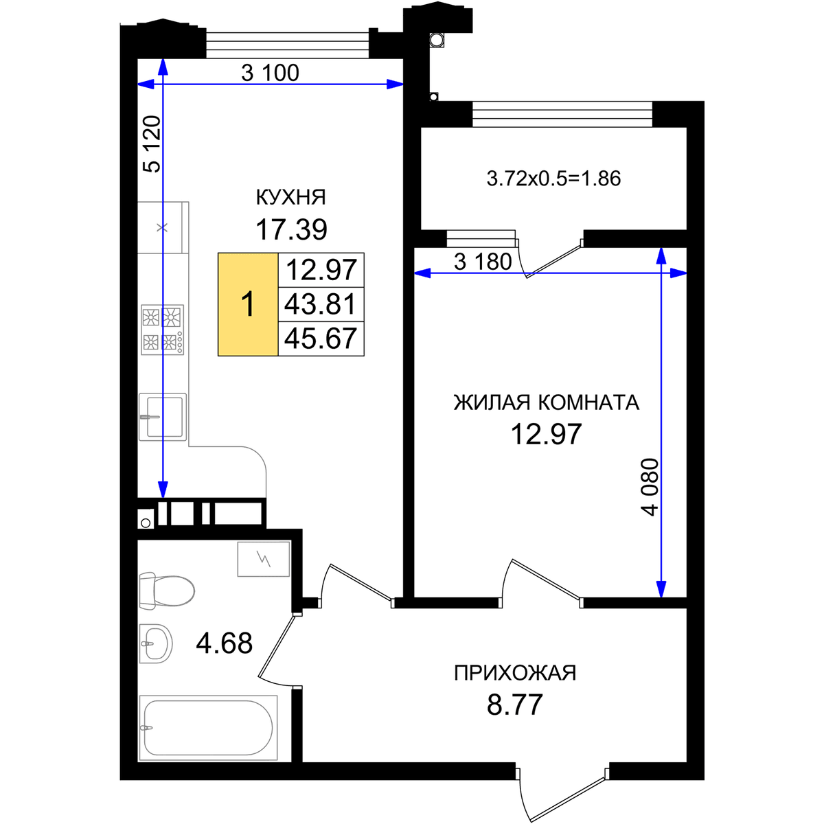 1-к, 45.67 м² · Резиденция морей