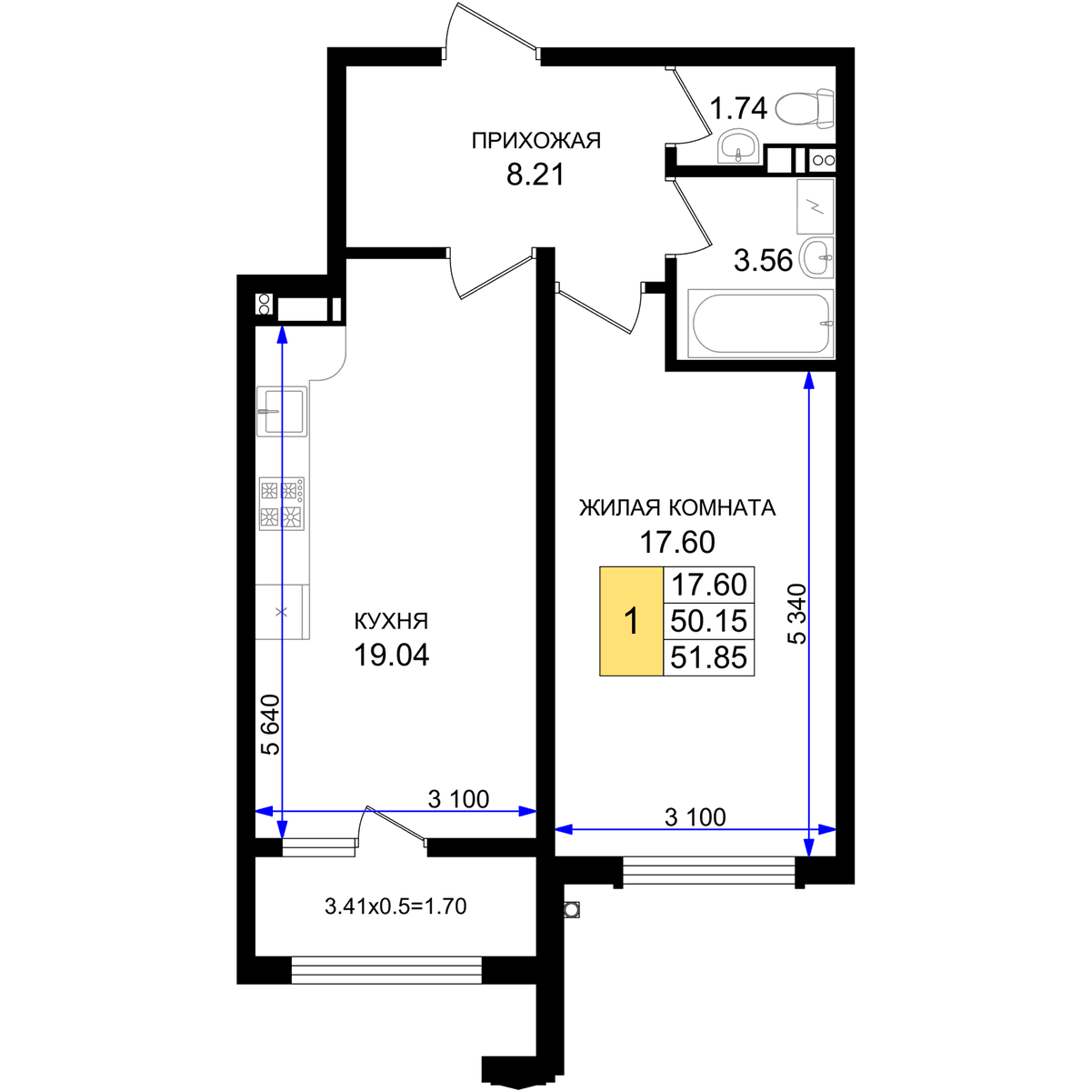 1-к, 51.85 м² · Резиденция морей