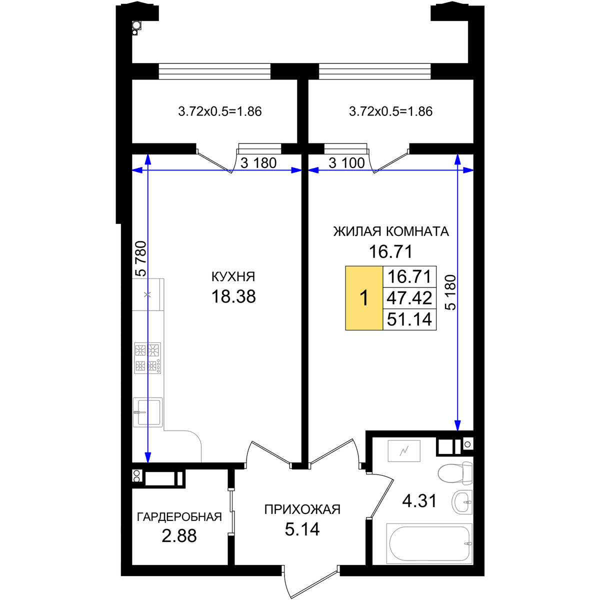 1-к, 51.14 м² · Резиденция морей