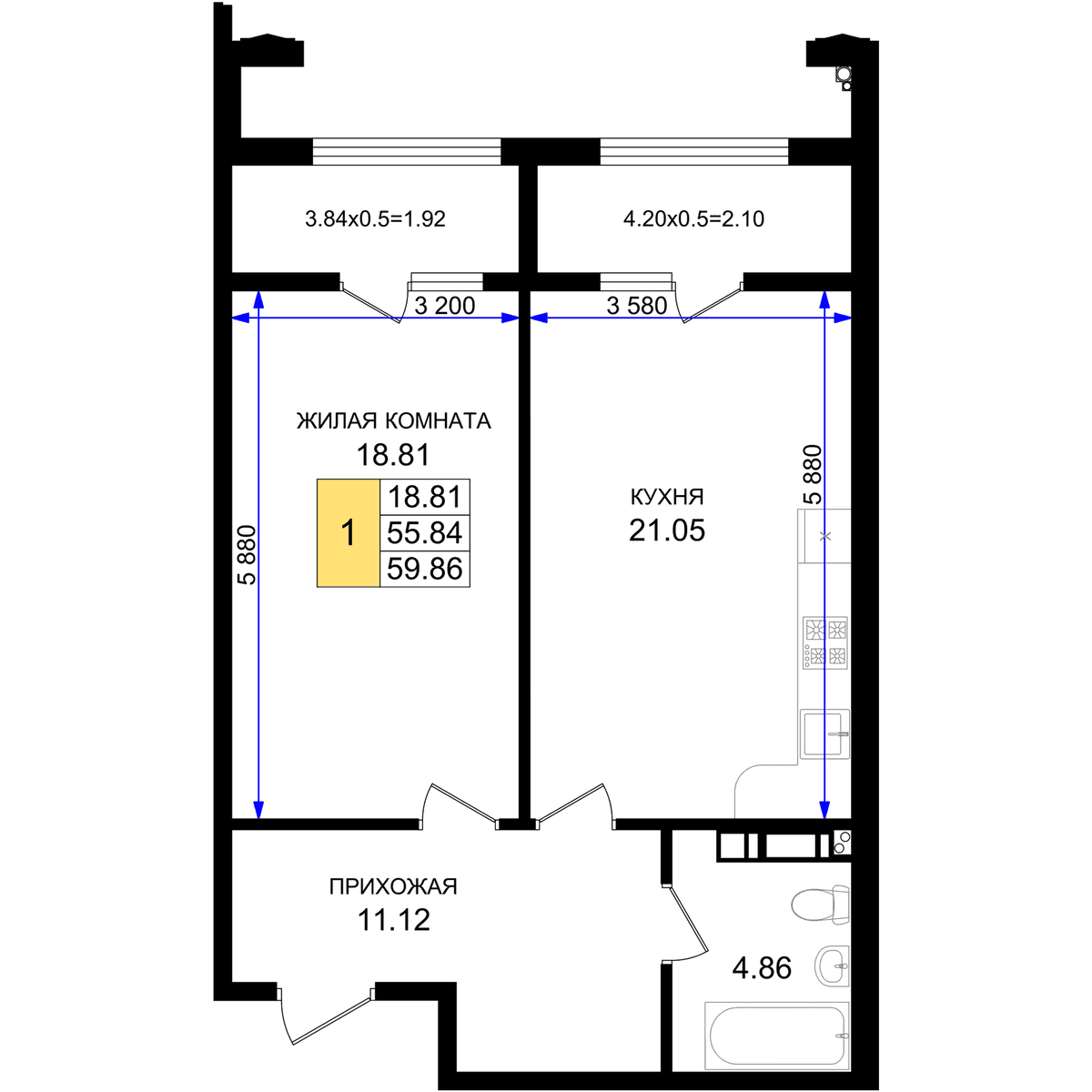 1-к, 59.86 м² · Резиденция морей