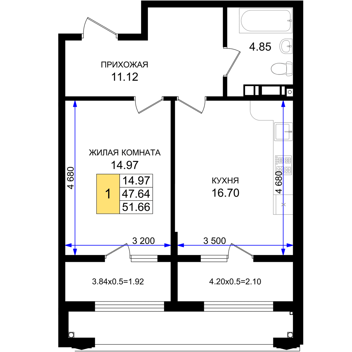 1-к, 51.66 м² · Резиденция морей