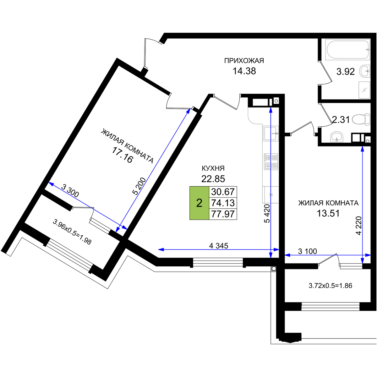 2-к, 77.97 м² · Резиденция морей