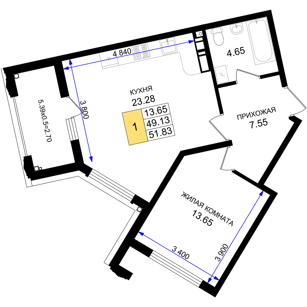 1-к, 51.83 м² · Резиденция морей