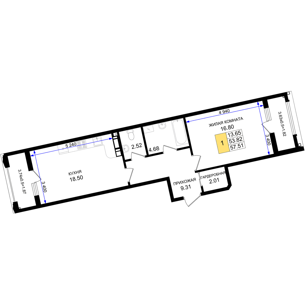 1-к, 57.51 м² · Резиденция морей