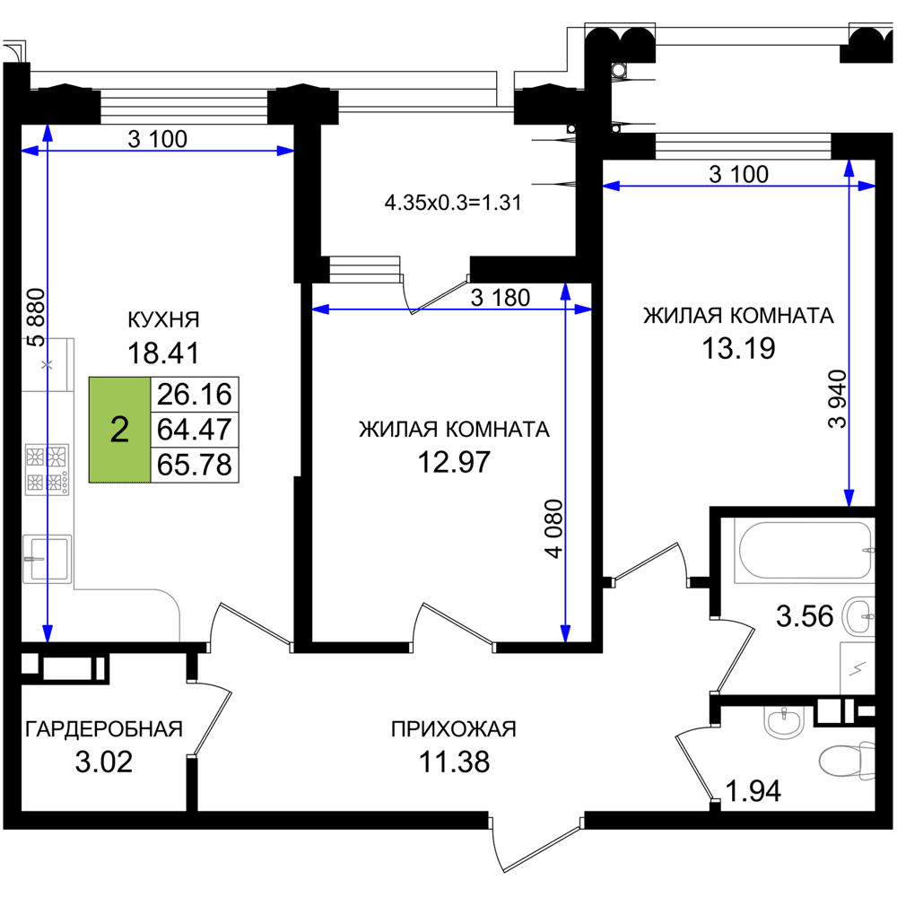 2-к, 65.78 м² · Резиденция морей