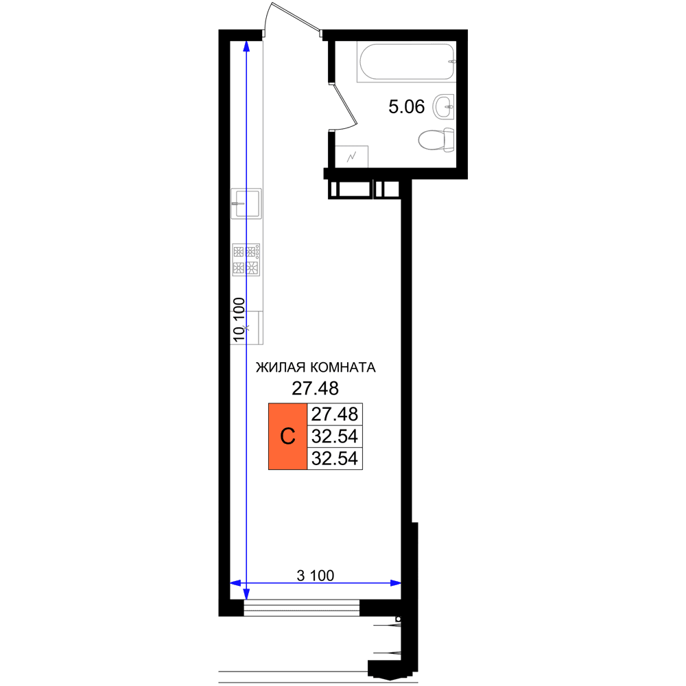 Студия, 32.54 м² · Резиденция морей