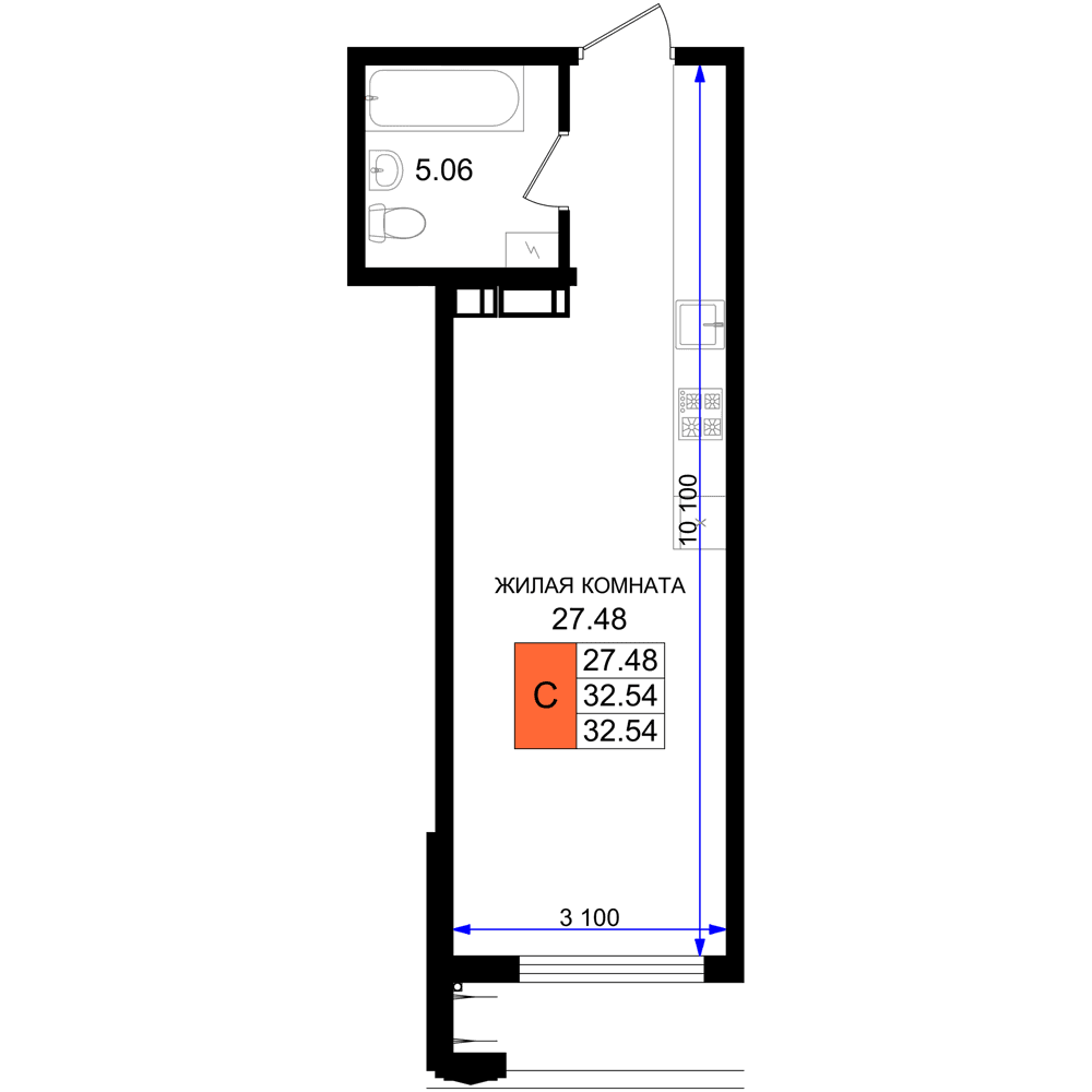 Студия, 32.54 м² · Резиденция морей