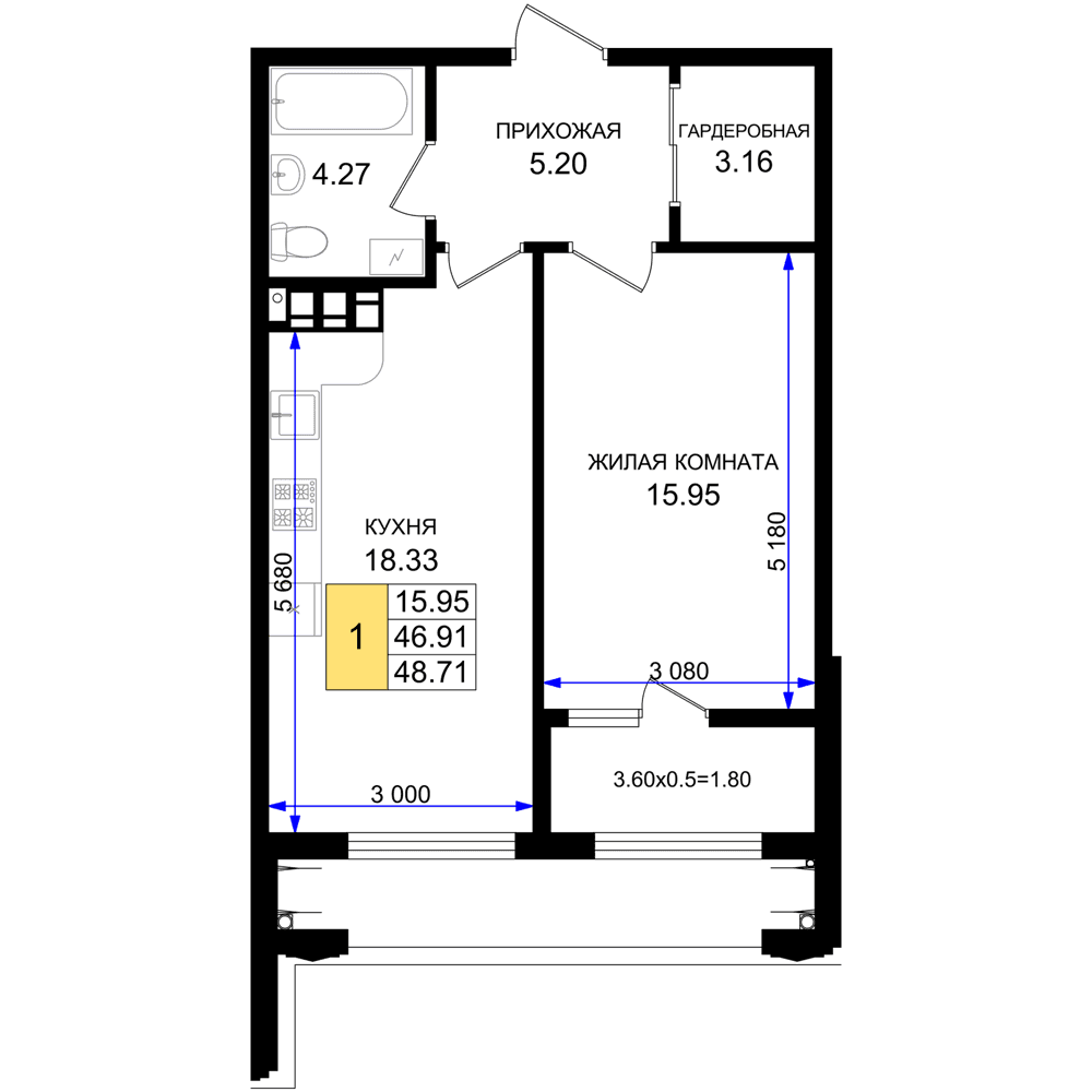 1-к, 48.71 м² · Резиденция морей