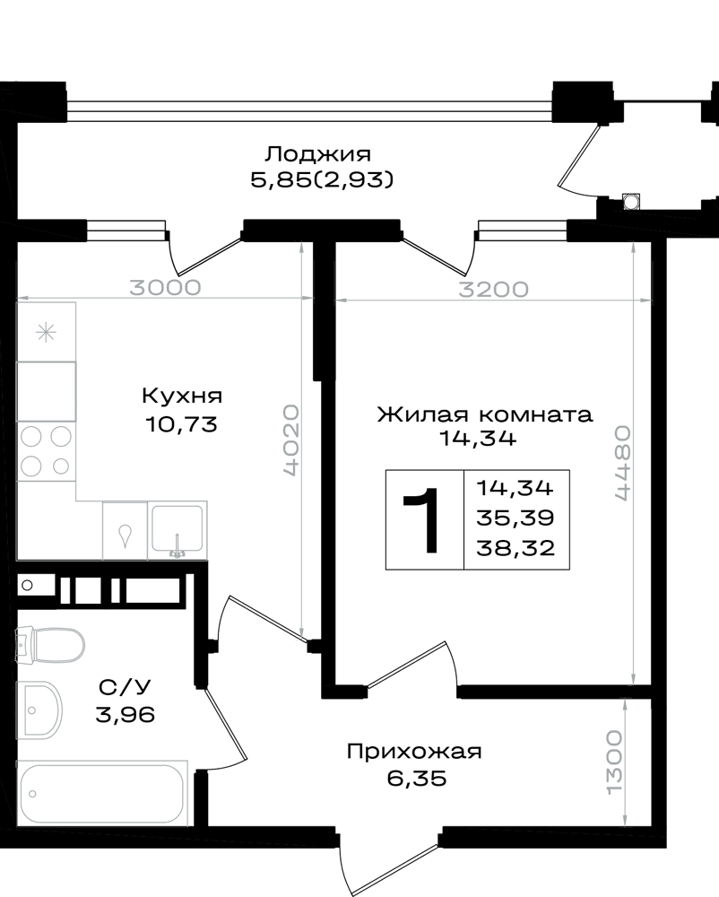 1-к, 38.32 м² · Южно