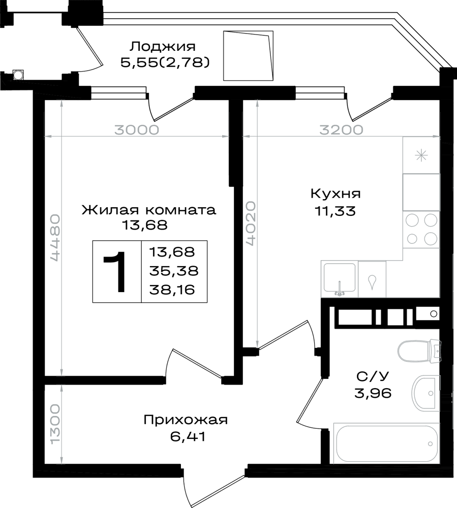 1-к, 38.16 м² · Южно