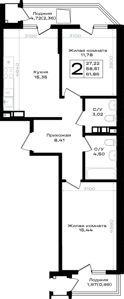 2-к, 61.85 м² · Южно