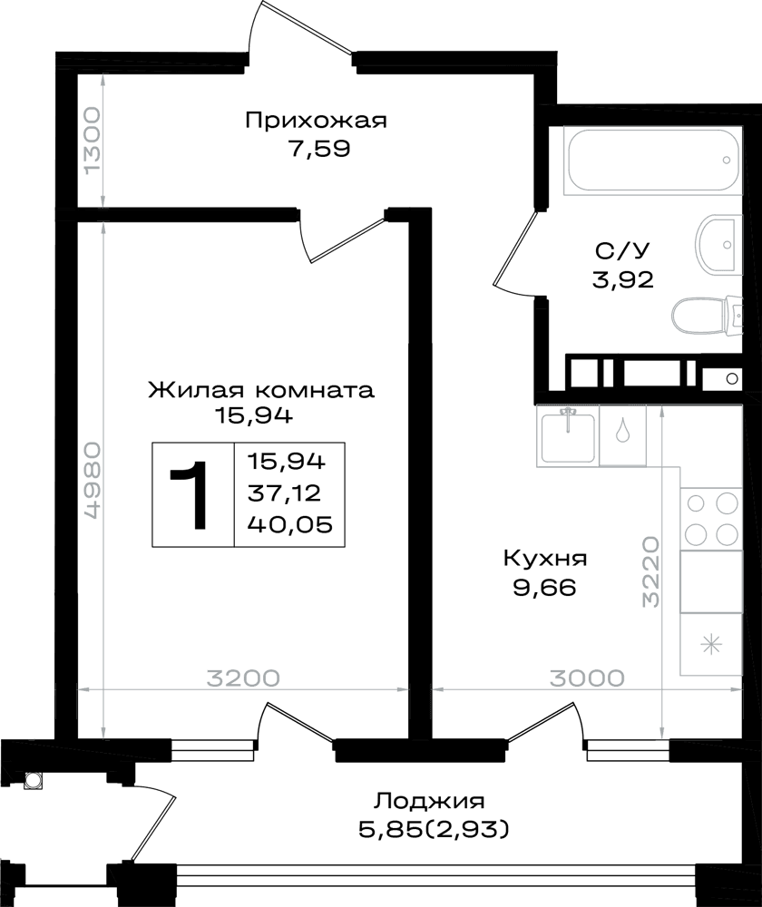 1-к, 40.05 м² · Южно