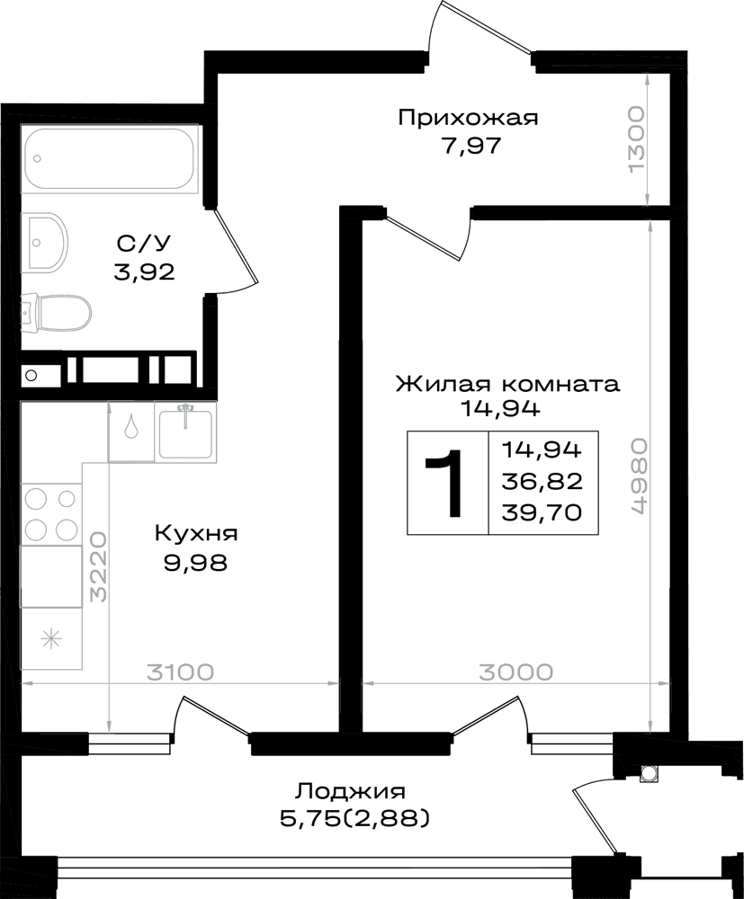 1-к, 39.7 м² · Южно