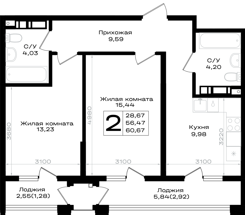 2-к, 60.67 м² · Южно