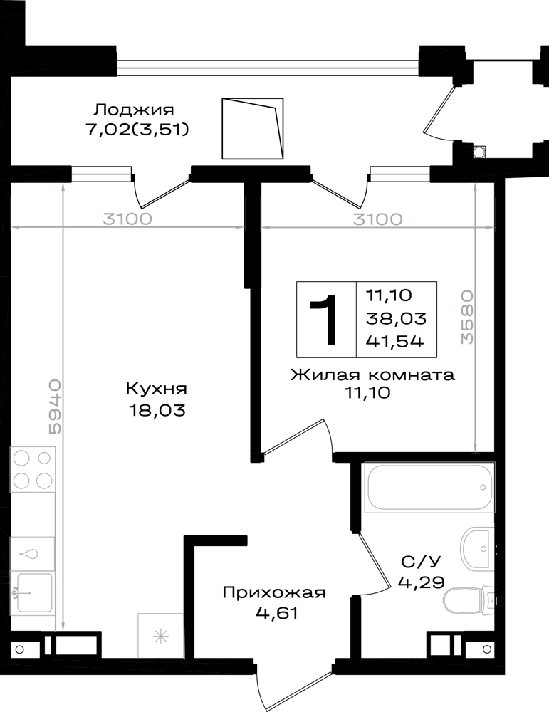 1-к, 41.54 м² · Южно