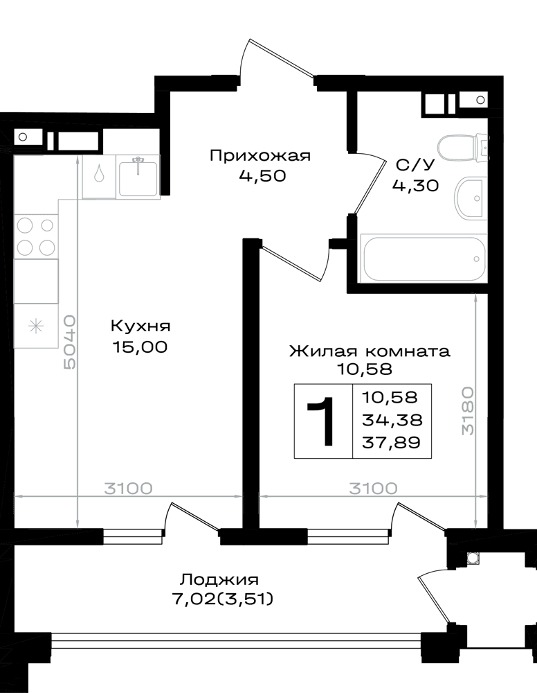 1-к, 37.89 м² · Южно