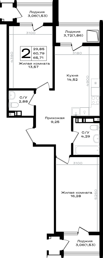 2-к, 65.71 м² · Южно