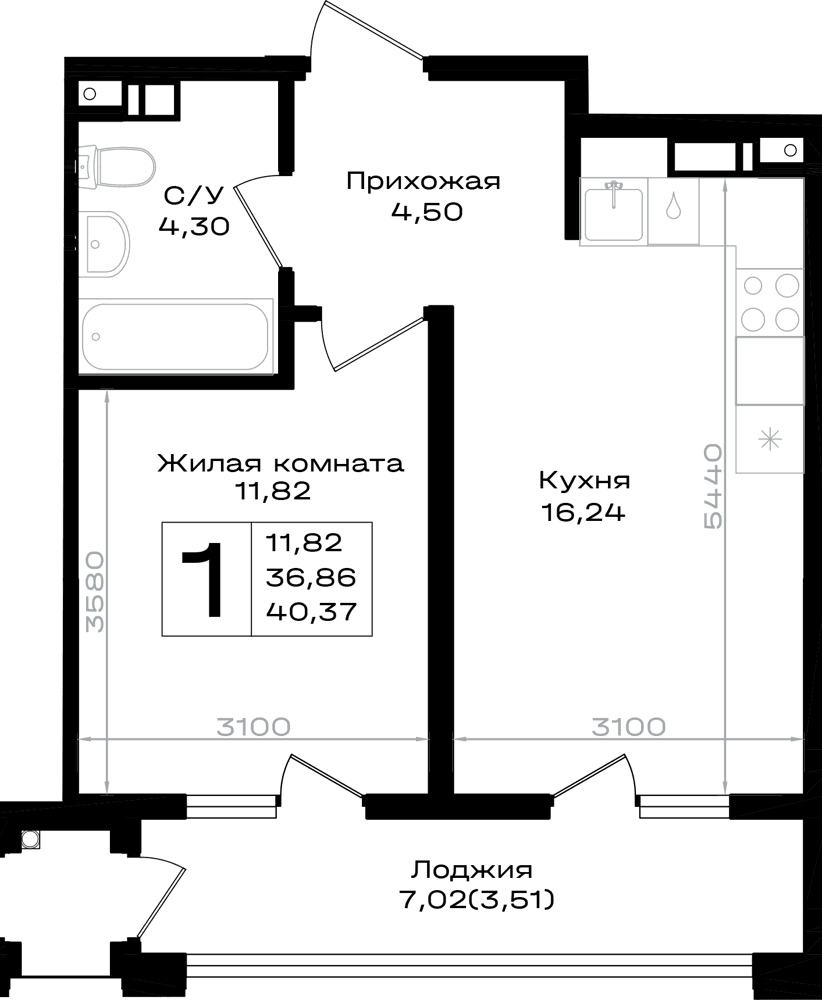 1-к, 40.37 м² · Южно