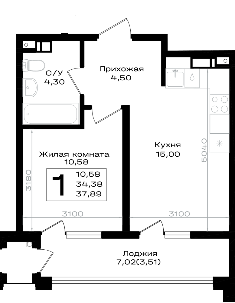 1-к, 37.89 м² · Южно