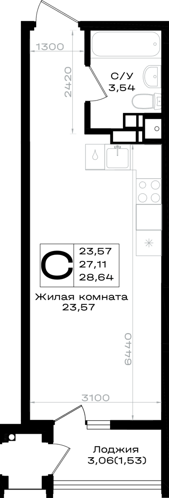 Студия, 28.64 м² · Южно
