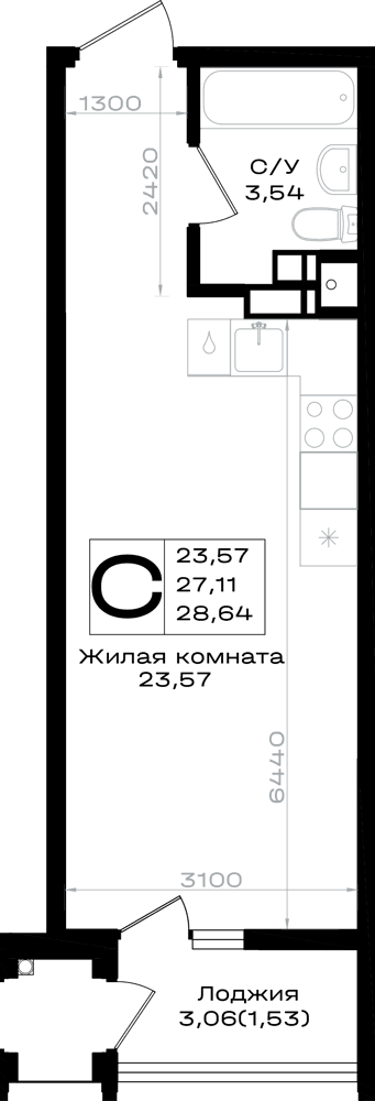 Студия, 28.64 м² · Южно