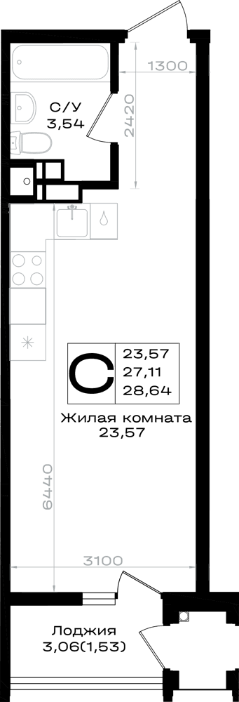 Студия, 28.64 м² · Южно