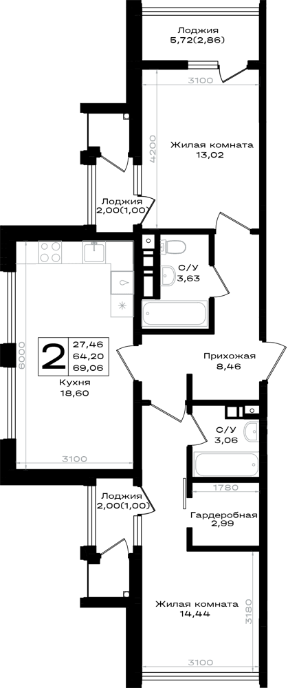 2-к, 69.06 м² · Южно