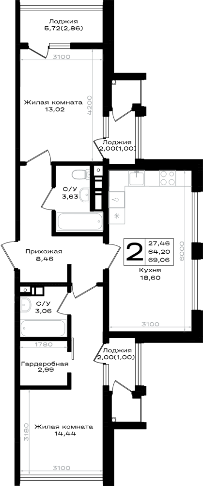 2-к, 69.06 м² · Южно