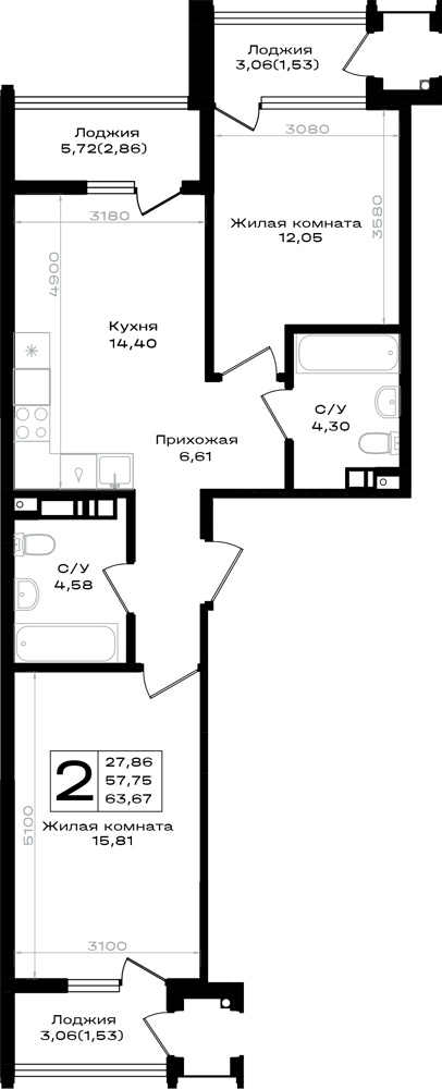2-к, 63.67 м² · Южно