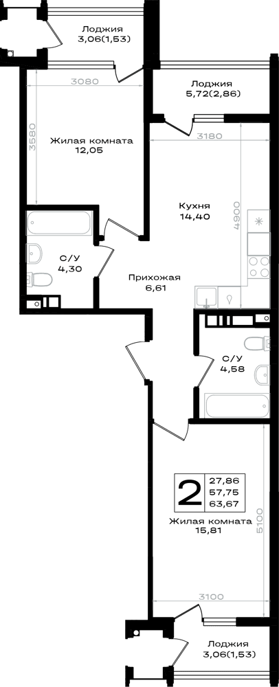 2-к, 63.67 м² · Южно