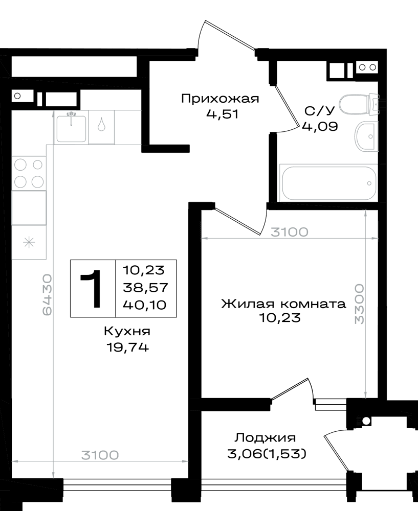 1-к, 40.1 м² · Южно