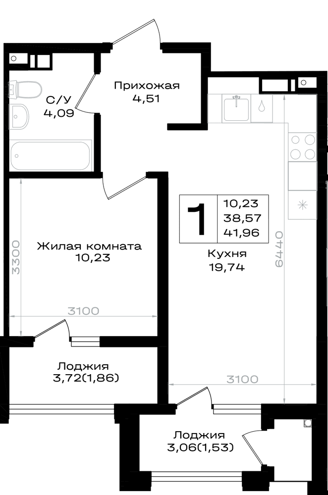 1-к, 41.96 м² · Южно