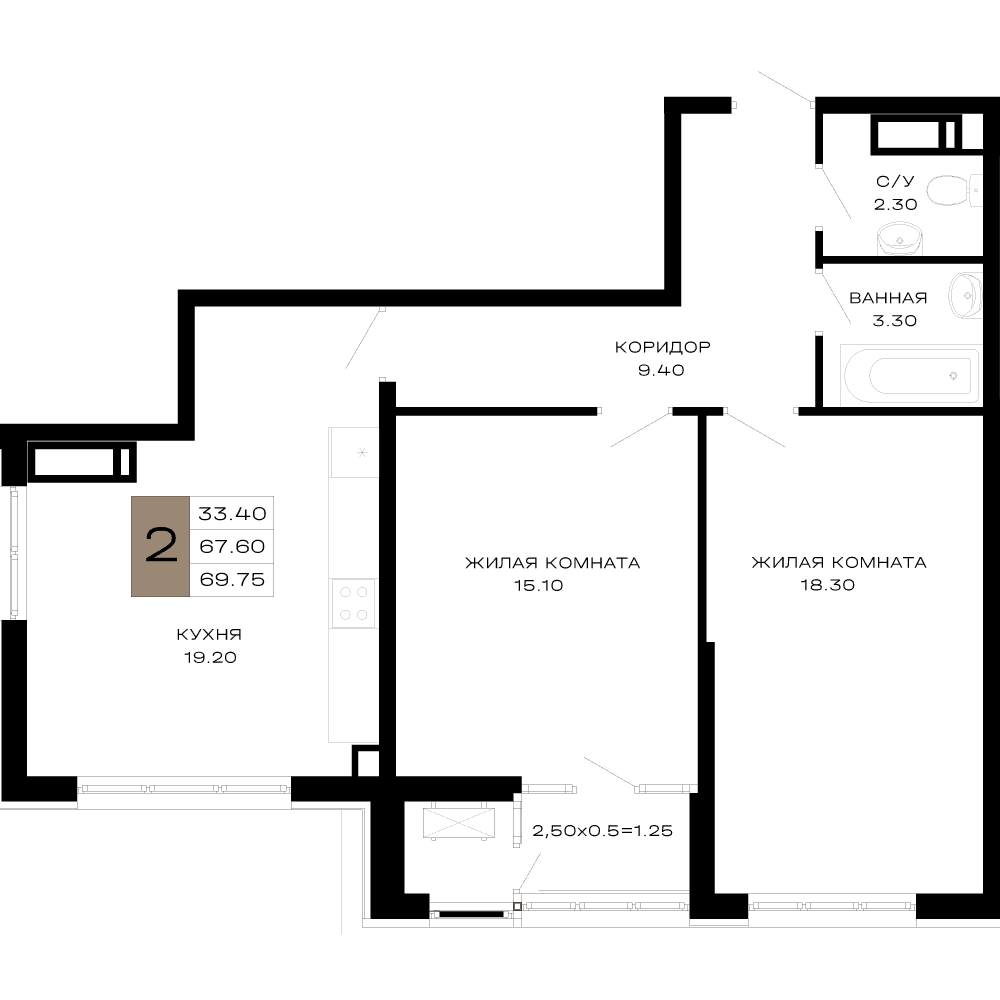 2-к, 69.75 м² · Сердце
