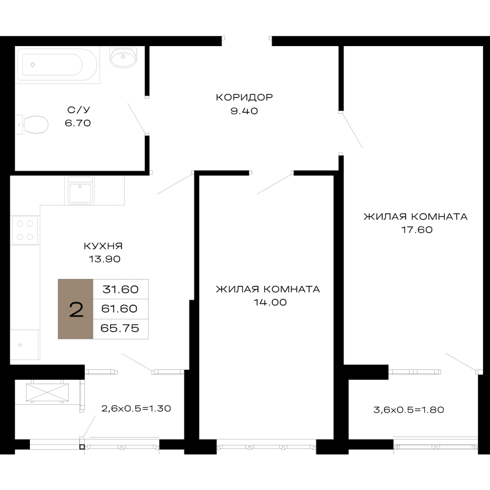 2-к, 65.75 м² · Сердце