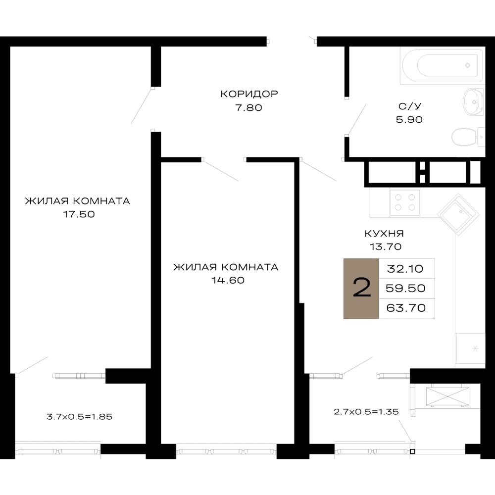2-к, 63.7 м² · Сердце